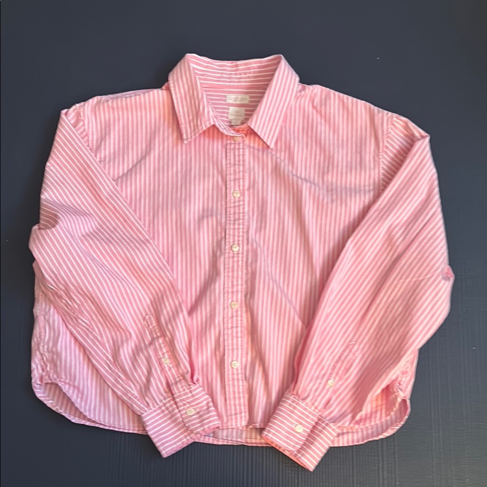 GAP x Love Shack Fancy, Pink and White Cropped Long Sleeve Button Down, Medium